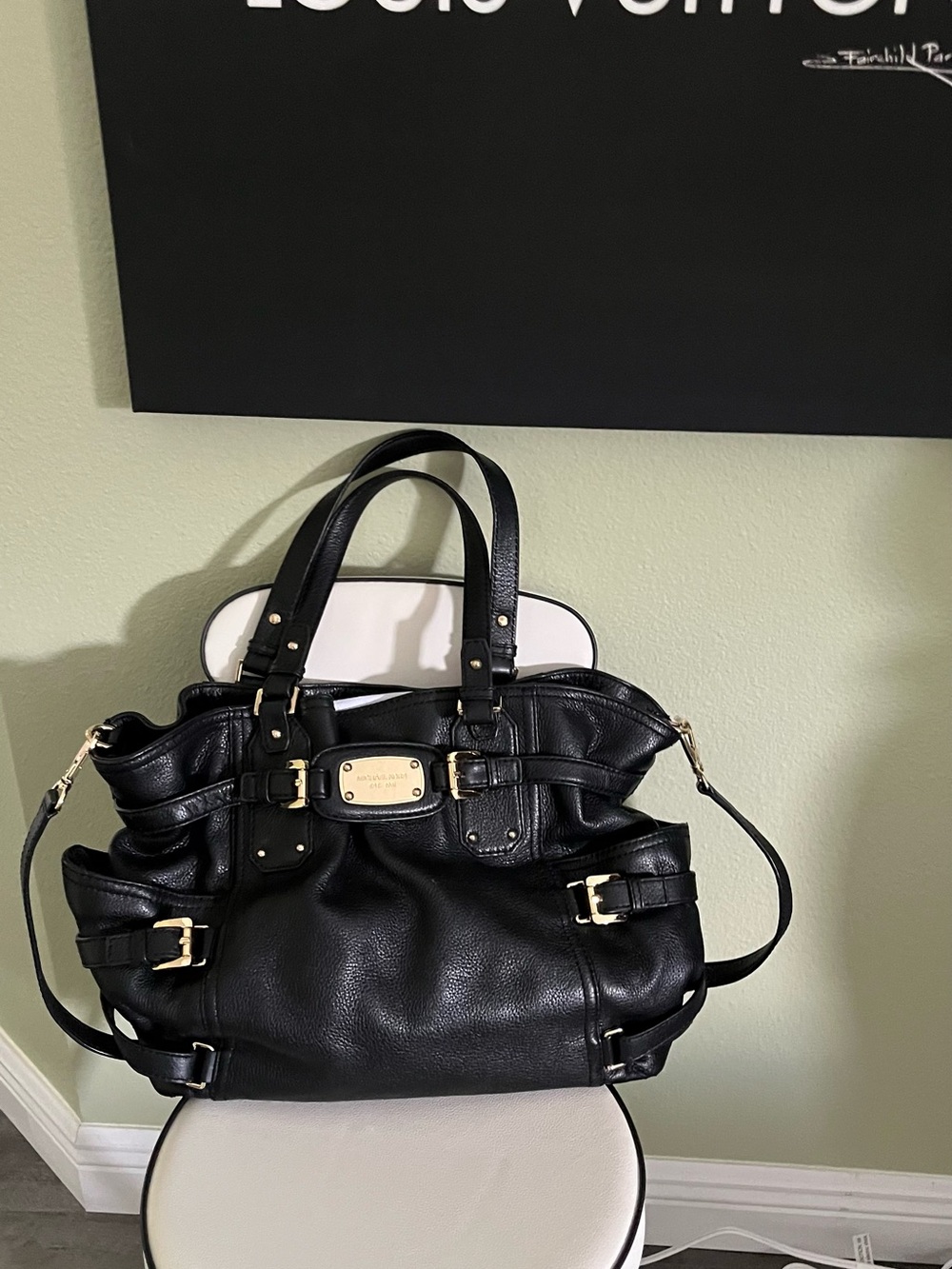 Michael Kors Black Leather Shoulder Tote with Gold Hardware